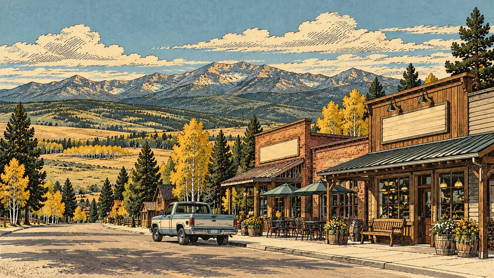 Imagined wood-and-brick businesses beneath a Colorado mountain skyline