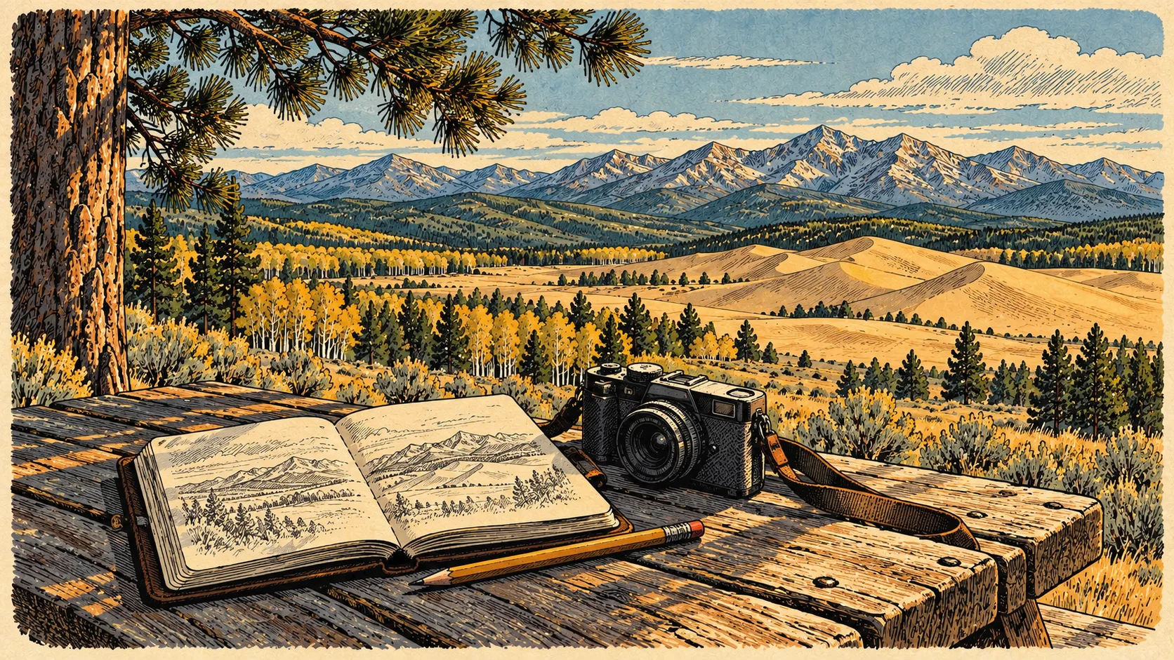 A camera and field notebook beneath a pine branch