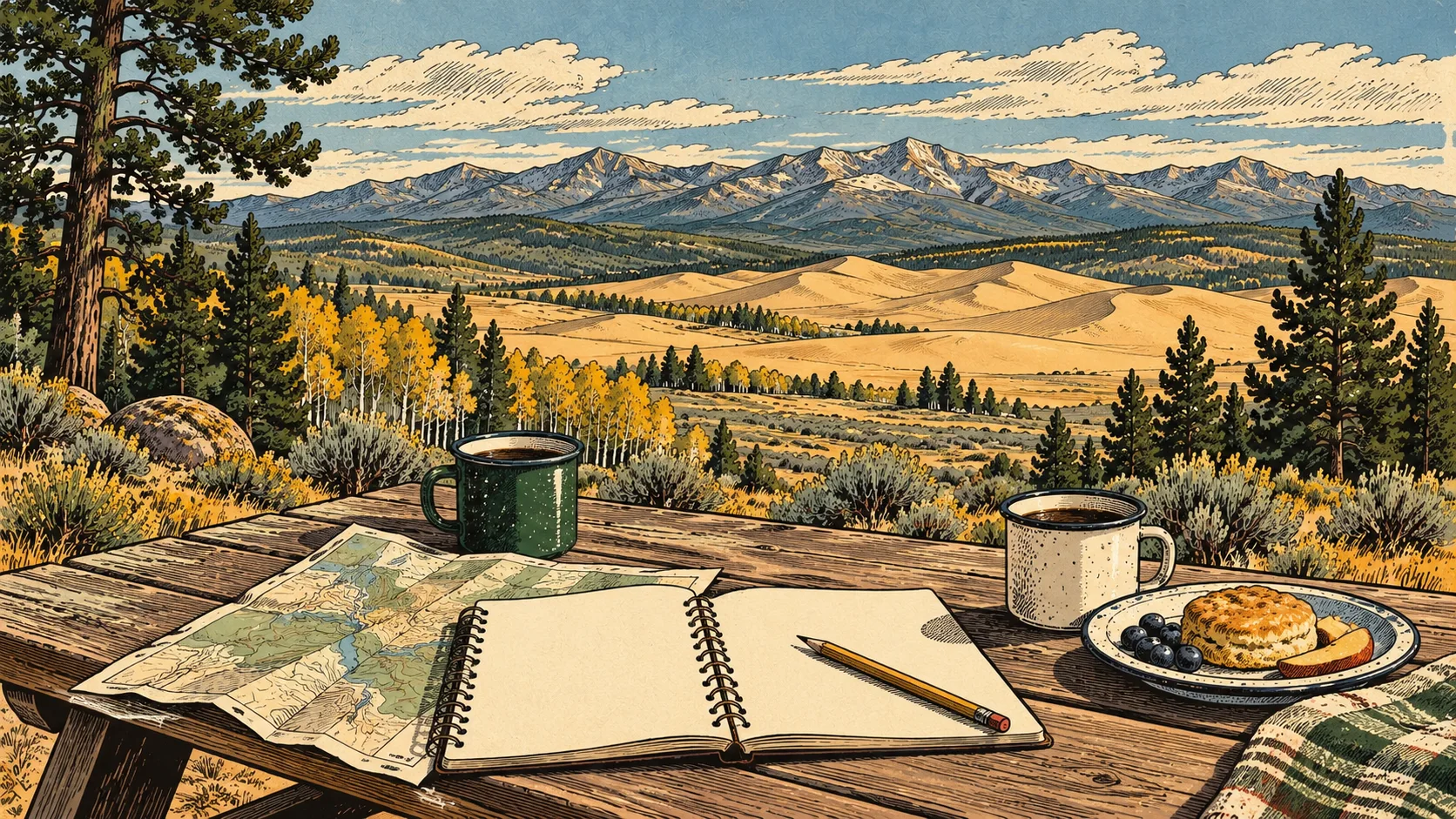 An itinerary notebook, map and breakfast on a camp table