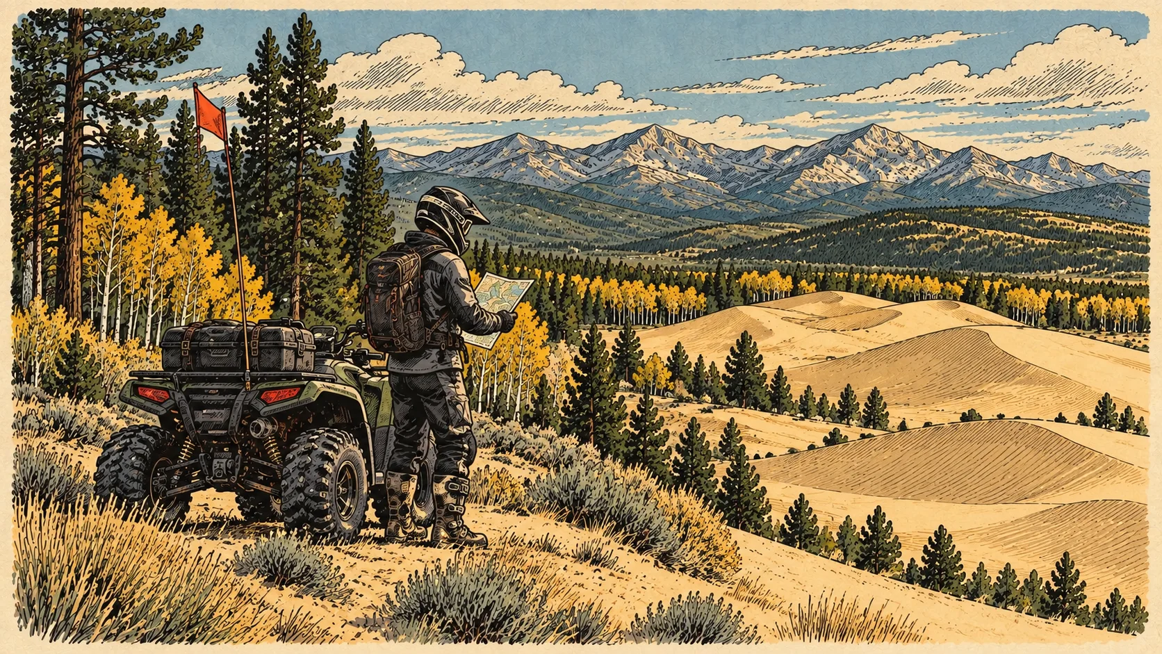 A helmeted rider checking a map beside a parked ATV