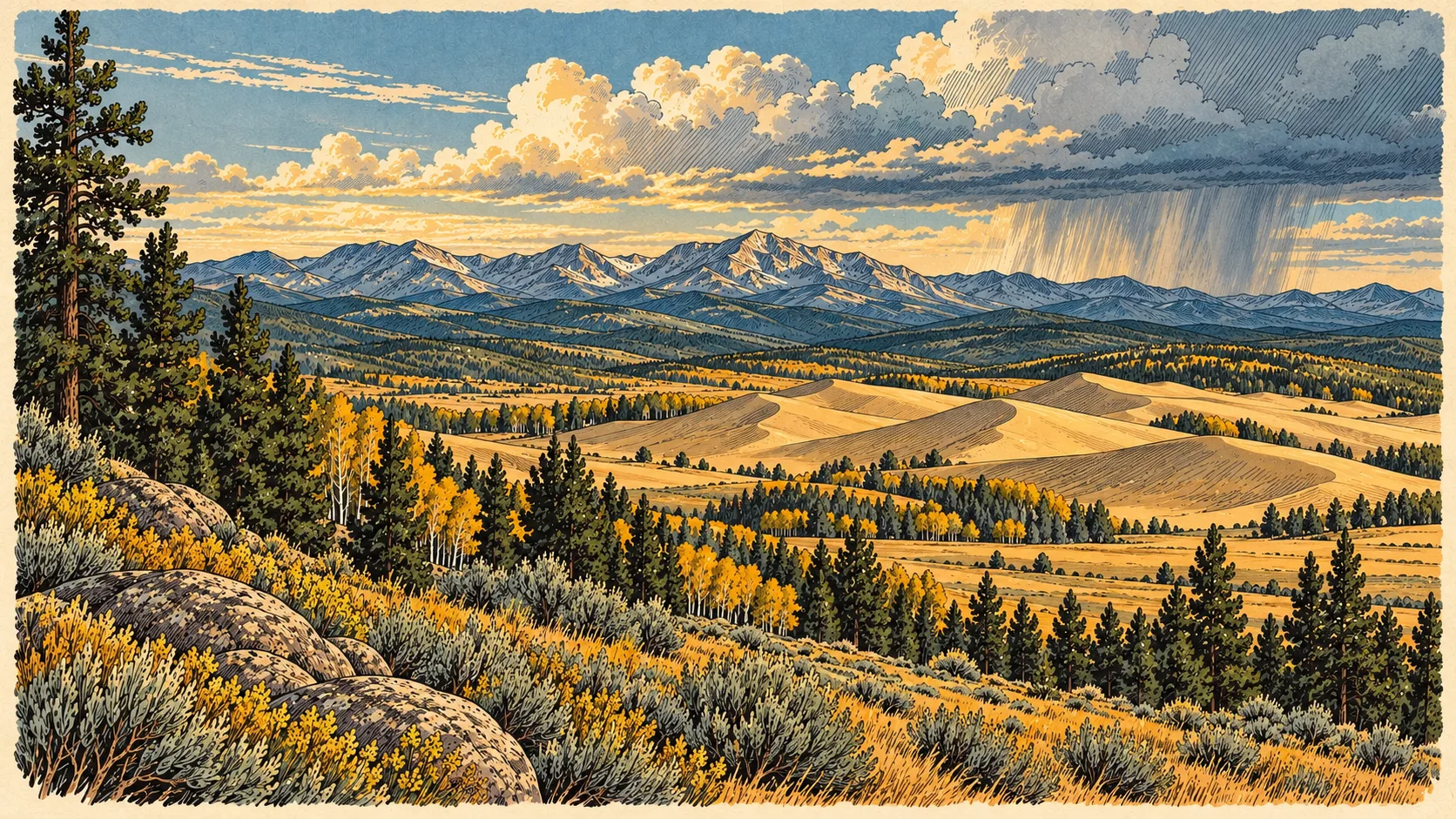 Distant rain clouds over Colorado dunes and mountains