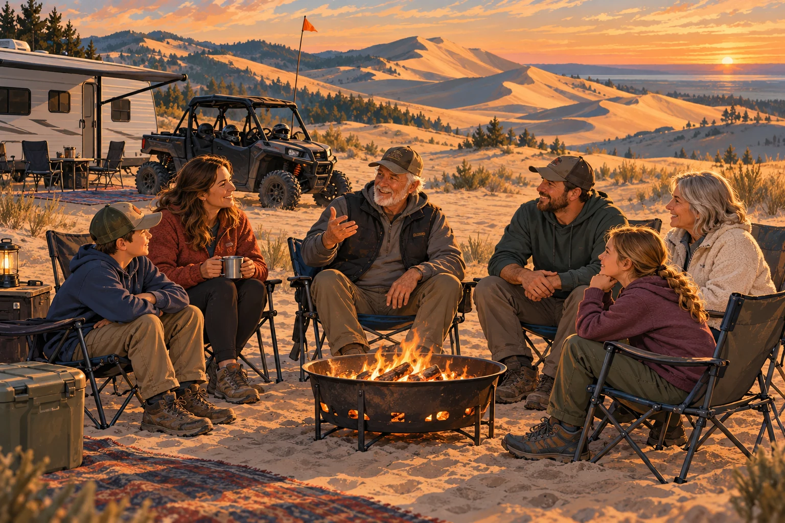 An illustrated family and friends sharing a story at dune camp, with their side-by-side parked nearby.